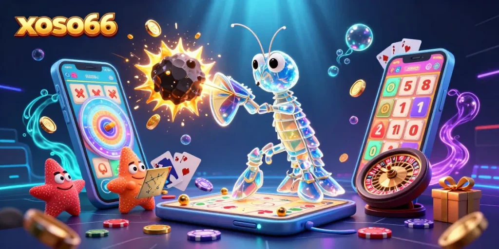 Engage with xoso66 as a vibrant mantis shrimp and starfish navigate a wealth of lottery winnings.