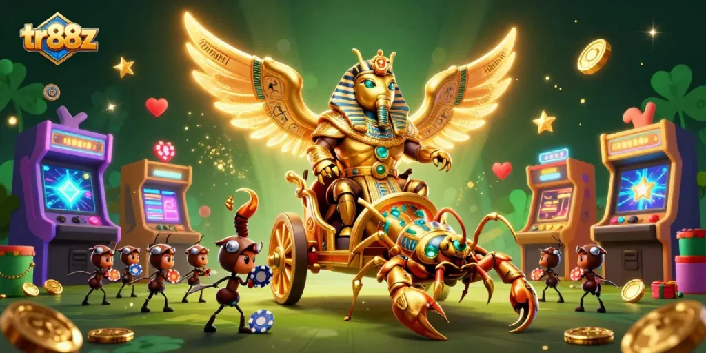 Experience thrilling gameplay at tr88z with a vibrant scene featuring a golden scarab beetle and gaming elements.