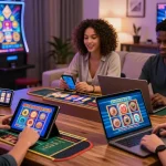 Players engaging with exciting credit card casino games on various devices at home; https://brcs.co.uk highlights the best options for UK gaming.