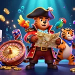Engage in thrilling casino action with FABET's colorful pirate adventure, featuring royal flush cards and golden coins.