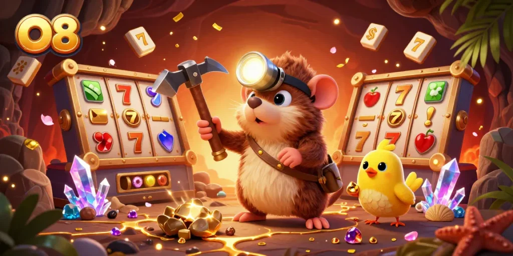 Engage in thrilling gameplay at O8 with vibrant 3D casino illustrations showcasing exciting jackpots.