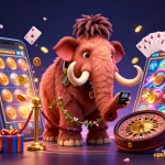 Engage with luck8rf7 at a vibrant casino scene featuring a woolly mammoth bouncer and gaming elements.