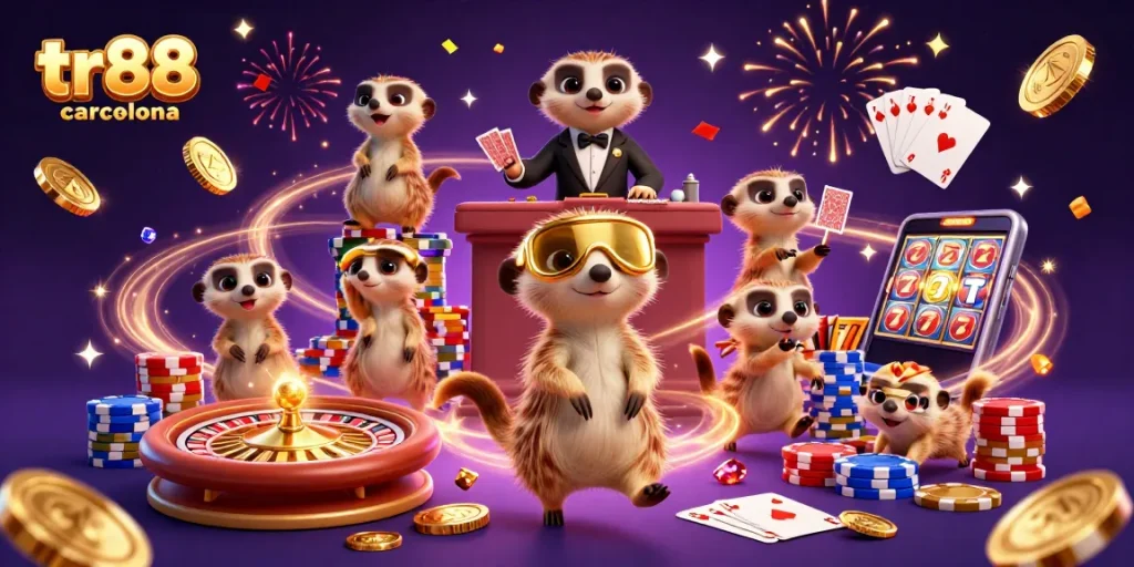 Experience the excitement at TR88 Barcelona, where meerkats run a dynamic casino with colorful chips and coins.