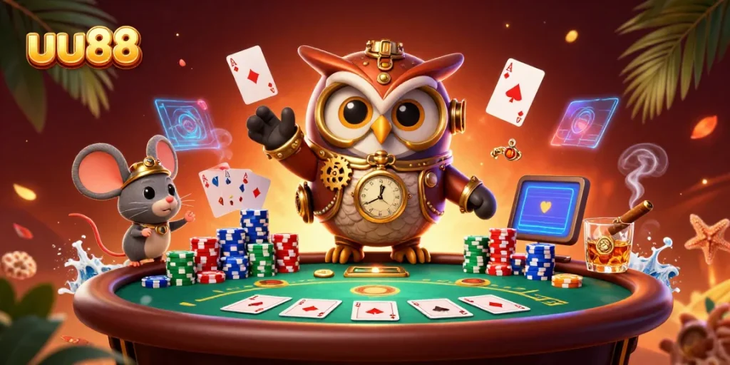 Engage in thrilling poker action with uu88’s colorful characters, golden chips, and vibrant casino elements.