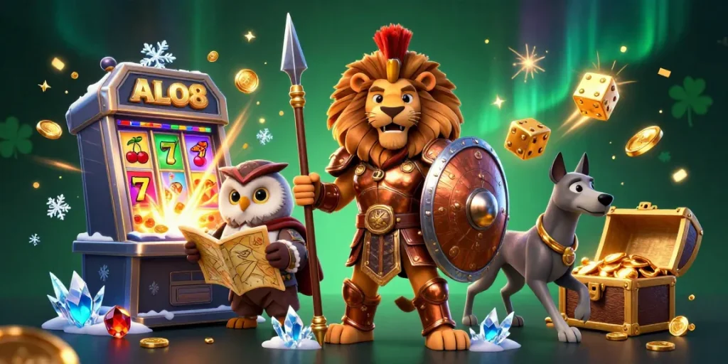 Experience the thrilling ALO8 casino action with vibrant slot games and dynamic characters.