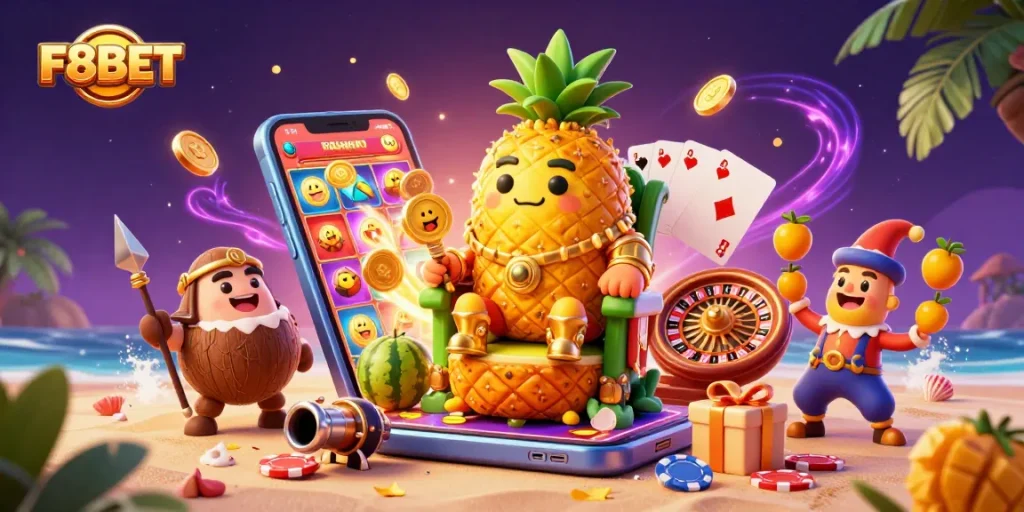 Join the F8BET adventure with a golden pineapple king ruling a vibrant beach casino.