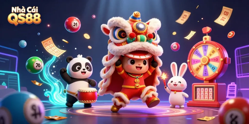 Engage in thrilling gameplay at Nhà Cái QS88 with vibrant lottery balls and festive characters.