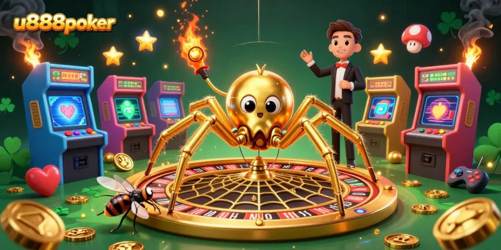 Engage with u888poker as the golden spider spins a roulette wheel web, enhancing your betting experience.
