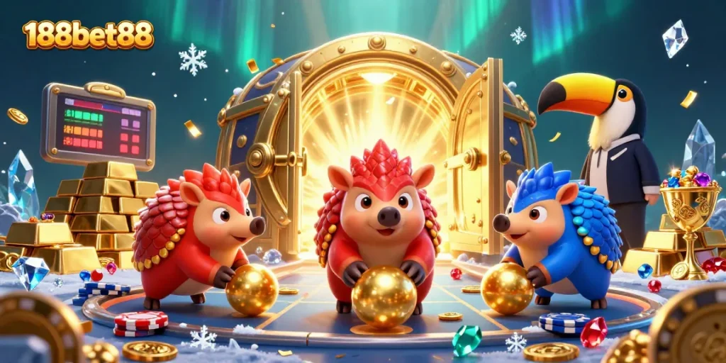 Experience thrilling wins at 188bet88 with vibrant casino action featuring animated pangolins and poker chips.
