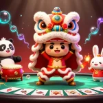 Experience the excitement of red88 with a vibrant 3D lion dance scene featuring poker elements.
