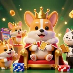Experience exciting gameplay at BOM88 with a royal corgi atop poker chips, showcasing a fun casino atmosphere.