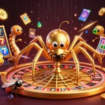 Experience QS88 casino thrills with a golden spider and centipede croupier in an immersive gambling scene.