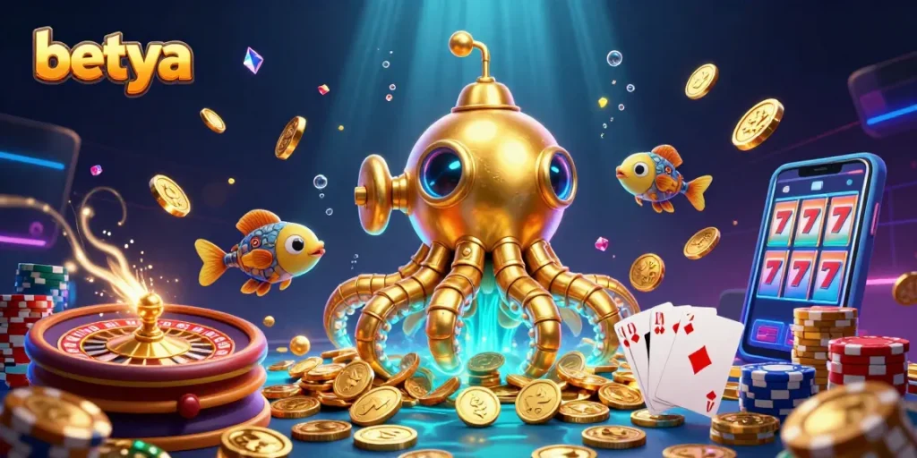 Betya showcases an enchanting scene of a golden kraken submarine amidst shimmering coins, evoking thrilling slots excitement.