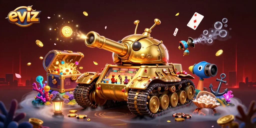 Experience fun gameplay at eviz's dynamic casino in a golden beetle tank, filled with excitement.