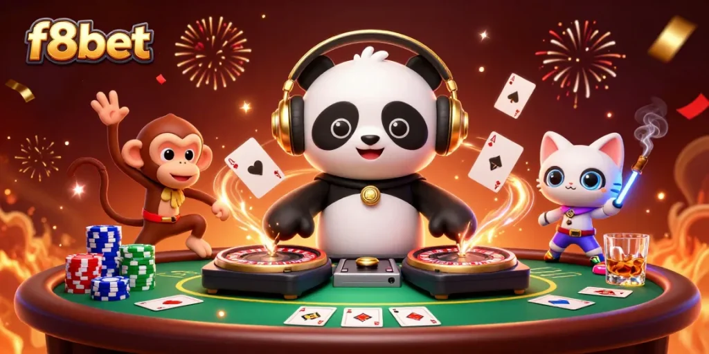 f8bet casino fun with DJ panda, breakdancing monkey, and glow-stick kitten at a vibrant party