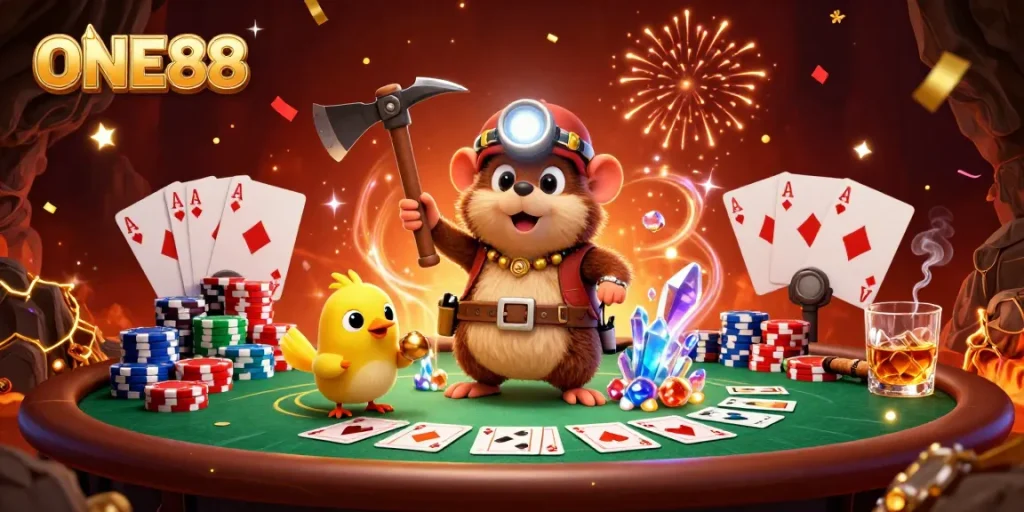 Win big at ONE88 with our cartoon treasure hunter in a vibrant casino scene full of poker elements.
