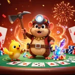 Win big at ONE88 with our cartoon treasure hunter in a vibrant casino scene full of poker elements.