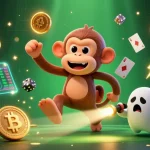 Experience the excitement of WI88 with our vibrant 3D casino illustration showcasing a mischievous monkey and a curious puppy amidst dazzling gaming elements.