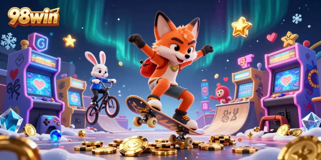Engage with thrilling gaming at 98win, featuring 3D characters and vibrant casino elements.