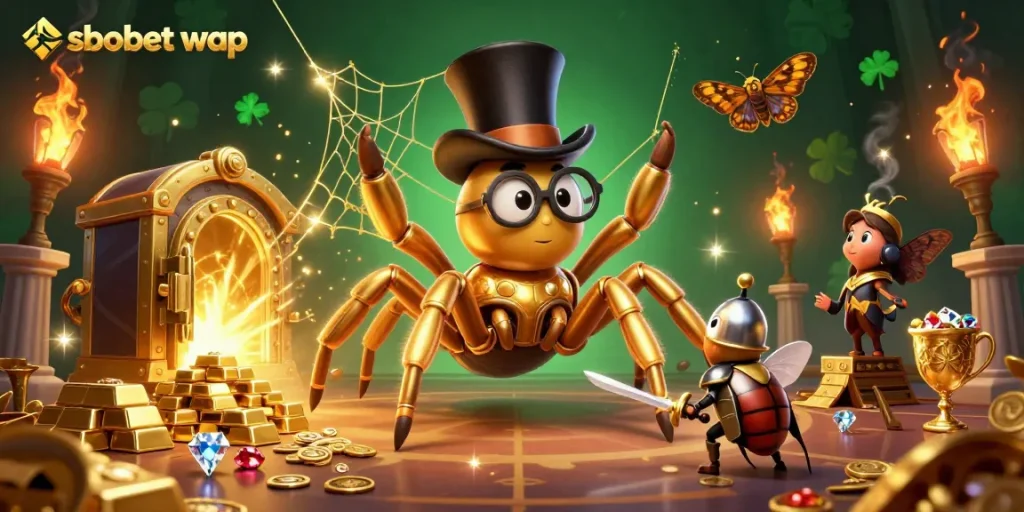 Experience sbobet wap gaming with a rich illustration of a golden tarantula and beetle knight in a dynamic casino setting.