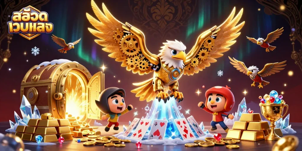 Experience thrilling สล็อตเว็บตรง action with a golden eagle amidst a treasure cascade!