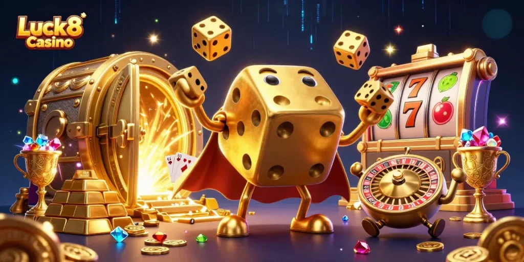 Luck8 Casino showcases a lively golden dice golem juggling dice amidst treasure and slot elements.