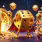 Luck8 Casino showcases a lively golden dice golem juggling dice amidst treasure and slot elements.