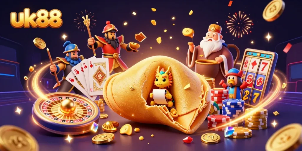 Engage with uk88's vibrant gaming scene featuring a lucky dragon guarding golden fortunes.
