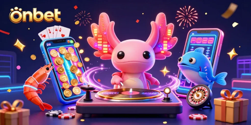 Join in onbet's fun with a vibrant scene featuring a DJ axolotl and energetic sea creatures.