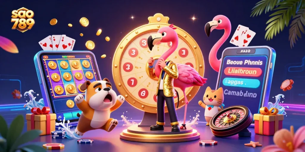 Join the thrilling experience of playing at sao 789 with dynamic characters, winning prizes, and vibrant 3D casino elements.