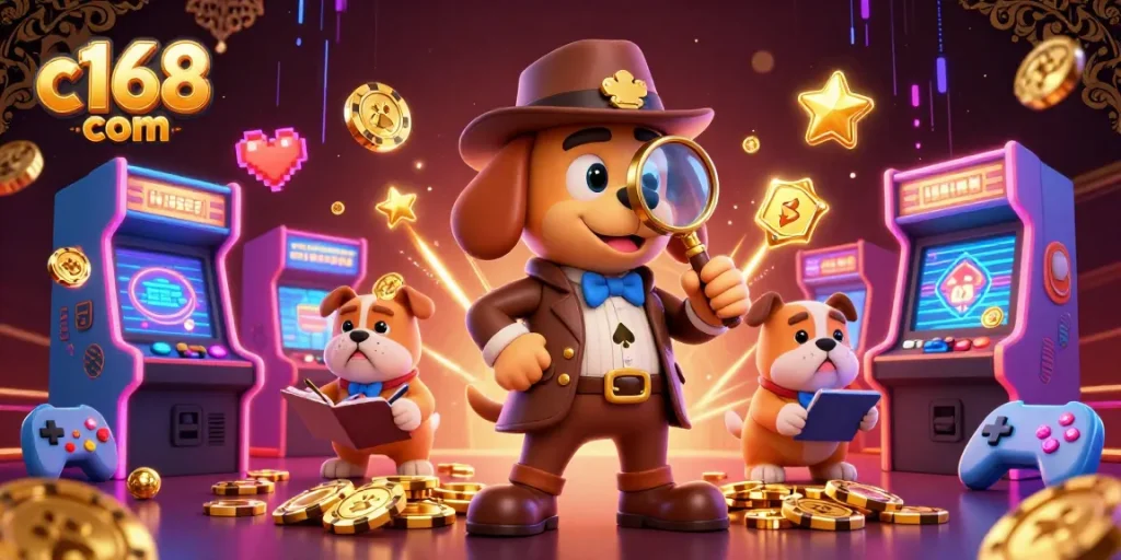 Experience thrilling gameplay at c168 com with a detective character uncovering a poker chip clue in a vibrant casino.
