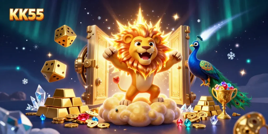 Experience the thrill of winning big at KK55 with vibrant gaming scenes and dazzling treasures.