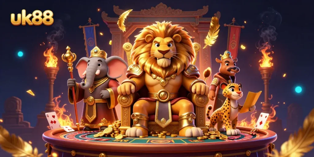 Experience exciting live casino action with uk88's dynamic gaming scene featuring lions, elephants, and cheetahs.