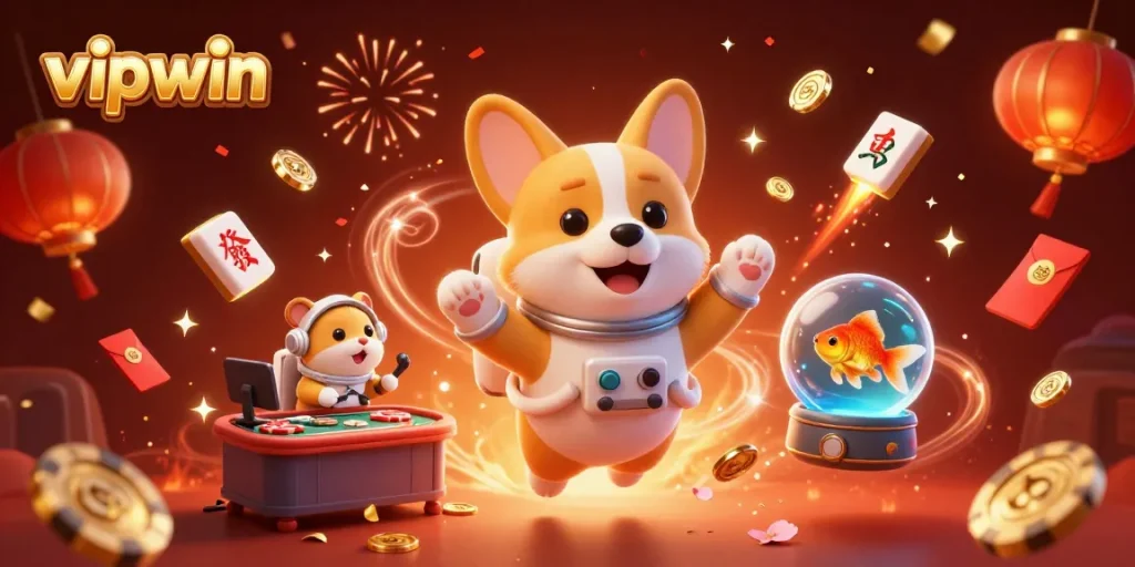 Experience thrilling fun at vipwin, where a cartoon corgi explores a zero-gravity casino.