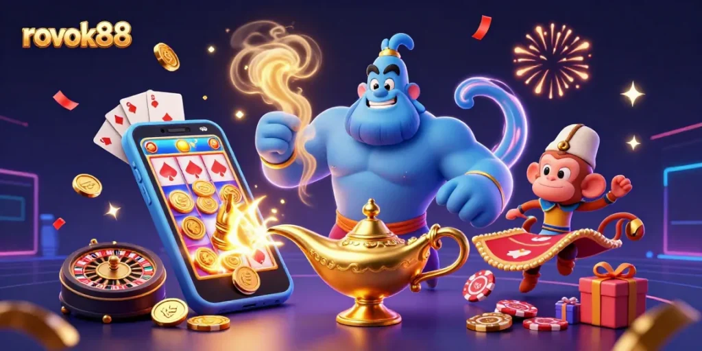 Experience the excitement of rokok88 with a dynamic 3D illustration featuring gaming characters, slot games, and festive elements.