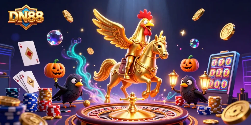 Win big at DN88 with thrilling casino adventures, featuring golden rooster and exciting game elements.