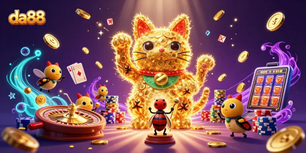 Experience da88's vibrant gaming atmosphere with golden fireflies, lucky cat, and casino symbols.