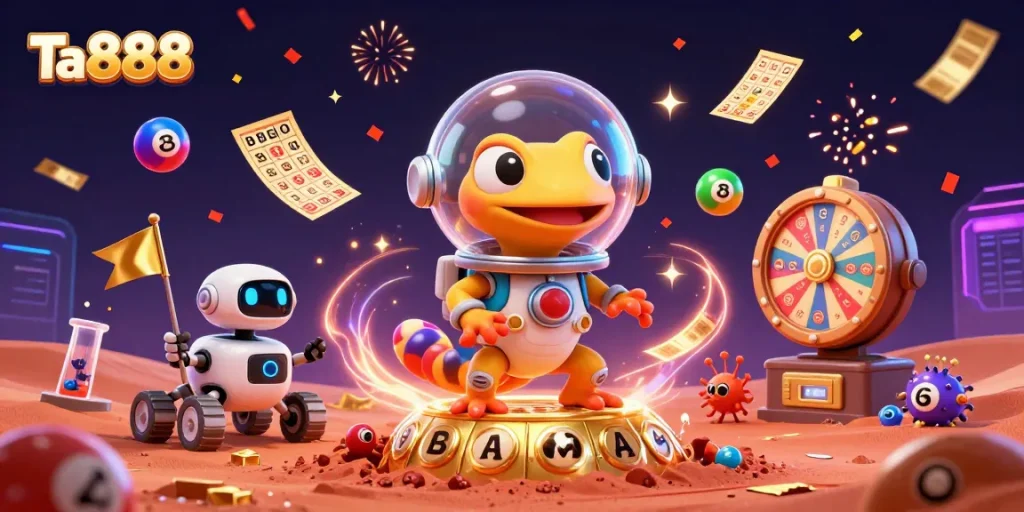 Engage with Ta888's vibrant lottery excitement, featuring colorful balls, and a lively Martian gecko theme.