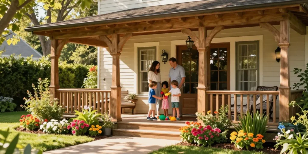 Crafted oak porches enhancing homes with families enjoying outdoor space