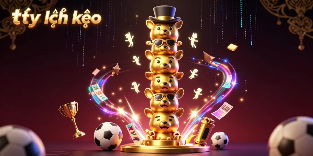 Bet on tỷ lệ kèo with a vibrant totem and dynamic sports betting elements in a 3D illustration.