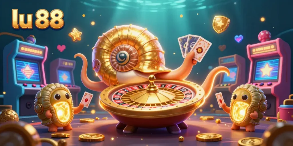 Engage with lu 88's thrilling casino experience featuring a nautilus roulette wheel and glowing treasures.