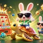 DABET casino game illustration with a lucky rabbit, golden turtle, and dynamic slot machine action.