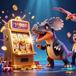 Experience the excitement at FUN88 as a dinosaur headbutts a golden slot machine for jackpots.
