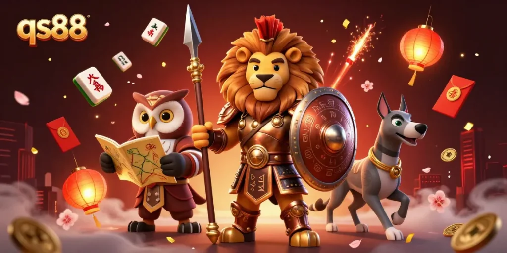 Experience thrilling games at qs88 with a dynamic casino scene featuring a Spartan lion, owl strategist, and greyhound.