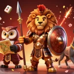 Experience thrilling games at qs88 with a dynamic casino scene featuring a Spartan lion, owl strategist, and greyhound.