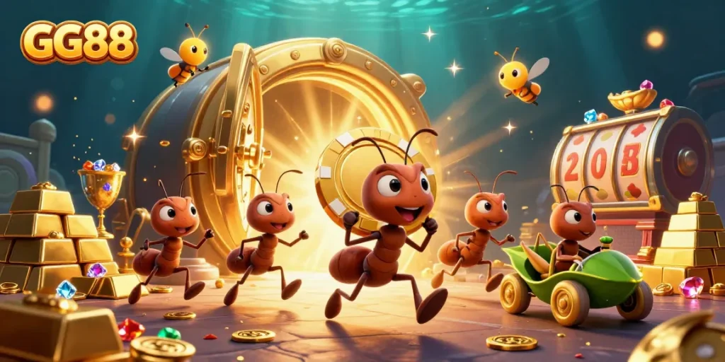 GG88's animated ants orchestrate a heist with a giant golden poker chip, surrounded by dazzling casino treasures.