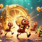GG88's animated ants orchestrate a heist with a giant golden poker chip, surrounded by dazzling casino treasures.
