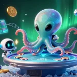 KJC gamblers engage with a vibrant alien-themed poker scene filled with crypto and casino elements.