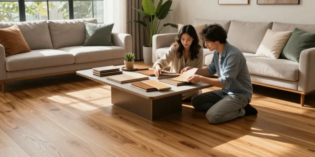 Laminate flooring experts guide homeowners choosing between laminate and engineered wood options in stylish living room.