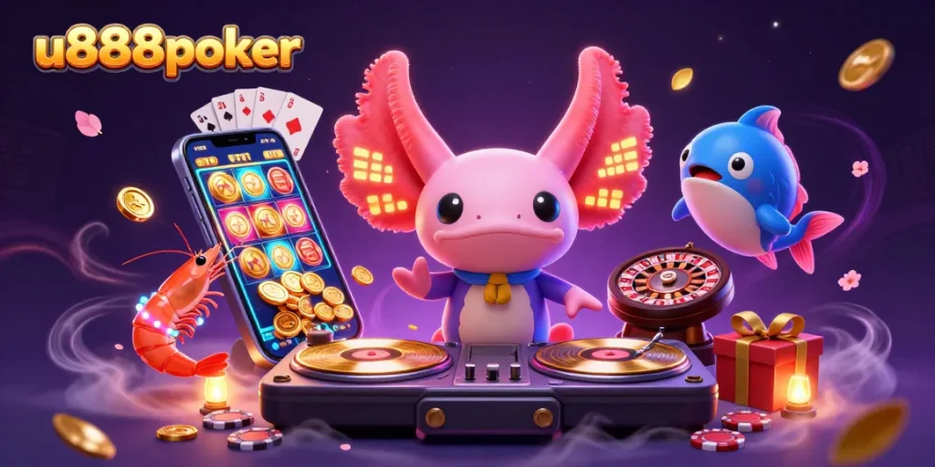 Engage with u888poker action featuring a vivid axolotl DJ and energetic gamblers in a vibrant casino scene.